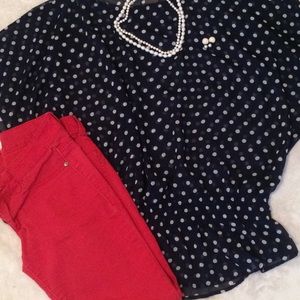 Navy blouse with white polka dots